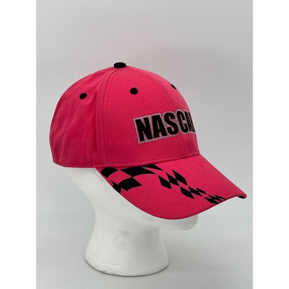 NASCAR Pink Cotton Cap Hat With Black Checkered Flag Design & Adjustable Strap - Picture 6 of 13
